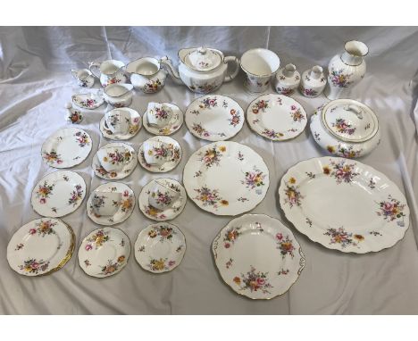 Royal Crown Derby bone china, Derby Posies tea/dinner ware and vases. 38 pieces: 4 jugs,6 cups,8 saucers and side plates, vas