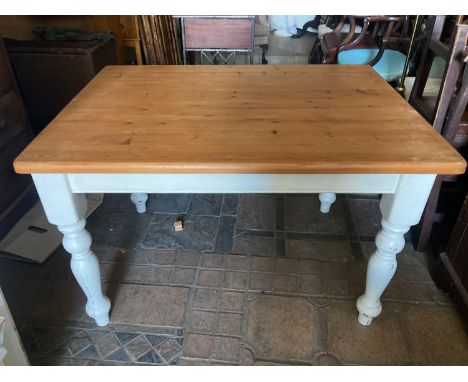 Pine dining table, painted base 122cms w x 91cms d x 78cms h.Condition ReportMinor signs of use, light scratches to the top. 