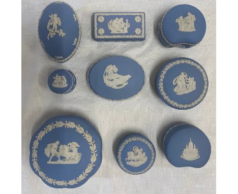 A selection of 9 Wedgwood Jasperware trinket boxes with lids, of various sizes and shapes. Largest 12.5cms d, smallest approx