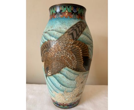 A Cloisonne vase depicting bird in flight. 31cms h.Condition ReportHole in the enamel and loss to the enamel in places.