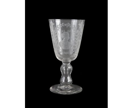 AN IRISH 19TH CENTURY ENGRAVED GLASS GOBLET, T. & R. Pugh, The Potter's Alley Glasshouse, Dublin. Engraved with named bust of