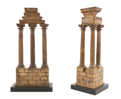 TWO SIMULATED SIENNA MARBLE STANDING MODELS OF ANCIENT GREEK ARCHITECTURAL SECTIONS, each formed as Corinthian Columns below 