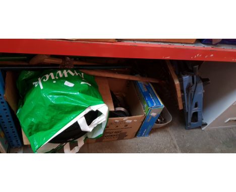A mixed lot comprising tools, work mate, garden tools, hanging planters, Vax vacuum cleaner with battery and charger, caravan