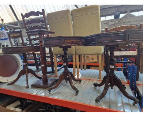 Three mahogany and leather top occasional tables (a pair and one other) together with a mahogany pedestal plant stand. 