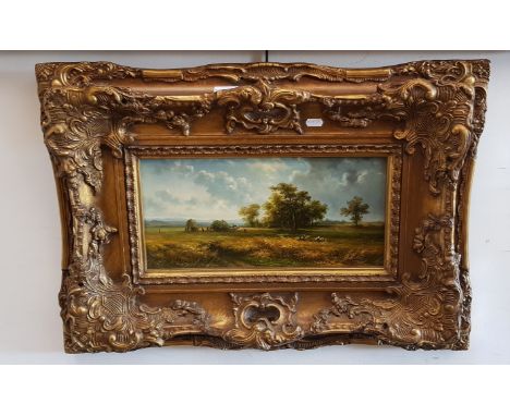 20th century school, oil on board, landscape scene, 38cm x 18cm, signed 'R Steen', ornate gilt frame 68cm x 48cm.