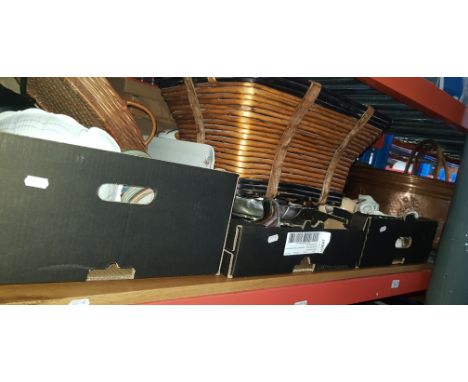 3 boxes of items to include glass and china, coal scuttle, wicker baskets, mirror. Includes Royal Worcester, Limoges, etc