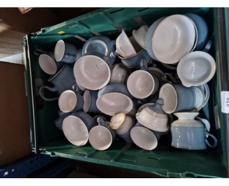 A box of Denby Castile Blue table wares 