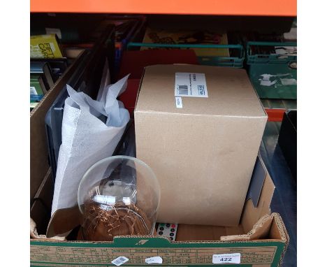 A box of mixed items including a boomerang, boxed Spode bowl, boxed shower head, 18.5" LED Technika tv with remote, lamp etc
