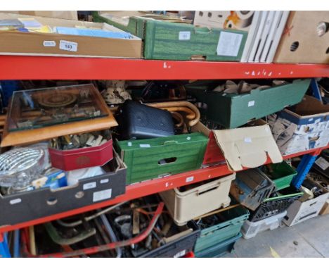 5 boxes of mixed items to include glassware, cutlery, bundle of walking sticks, brassware, Roberts radio, mixed table wares, 