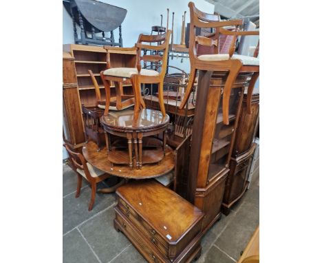 Various items of furniture to include yew wood dining table and six chairs, mahogany Canterbury yew wood corner cabinet, maho