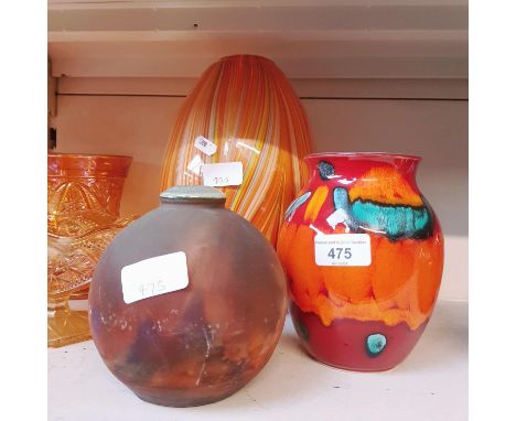 A Poole pottery vase, a multi coloured striped glass vase, and a studio pottery vase