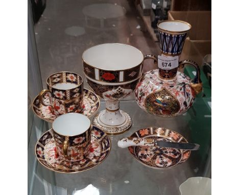 Pair of Royal Crown Derby cups and saucers, small dish, small knife, cup and a two handled Crown Derby style vase