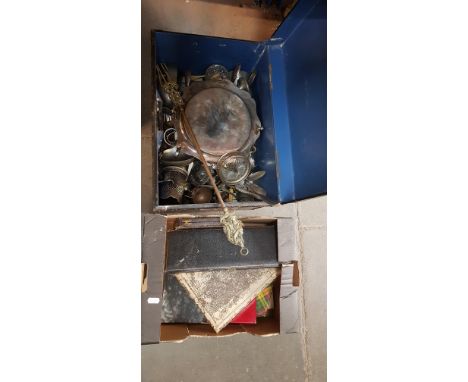 A box and a metal and a metal trunk of assorted plated ware and boxed cutlery 