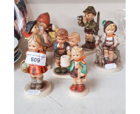 7 vintage Hummel figurines - We Congratulate (no.220) with date 1952, Little Goat Herder c.1950, Merry Wanderer c.1958, Chick