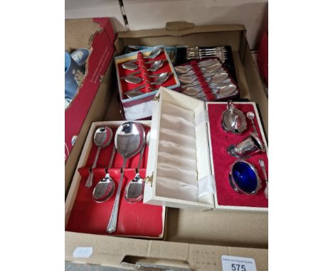 Assortment of boxed cutlery etc. including a set of 12 teaspoons with matching sugar tongs, cruet set etc.