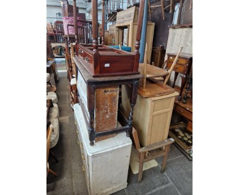 Various items of furniture to include Ercol coffee table, oak side cabinet, garden bench, occasional tables, various chairs, 