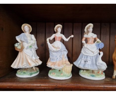 Royal Worcester Pastoral Collection - 3 figurines: Goose Girl, Market Day and Fruit Picking