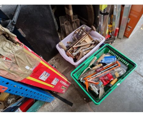 2 boxes of tools and a  boxed workbench 