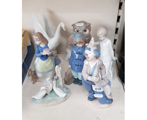 Nao porcelain - 8 items including Puppy’s Birthday, Short Eared Owl, Boy with Toy Horse and Clown no. 0487