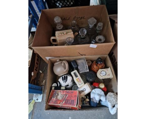 2 boxes containing decanters and mixed ornaments including Nao, Lladro, clocks etc