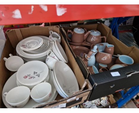 A box of Royal Doulton Pillar Rose table wares and a box of Denby Langley Lucerne 