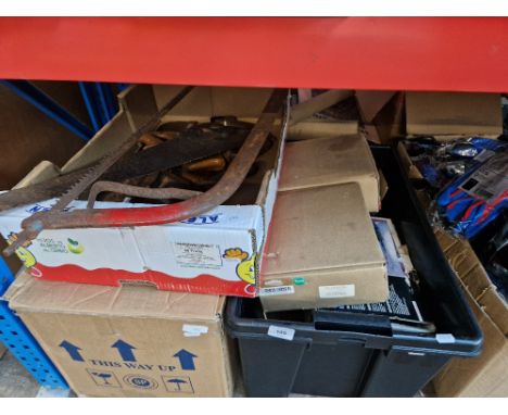Three boxes of tools and other items including games, binoculars etc.