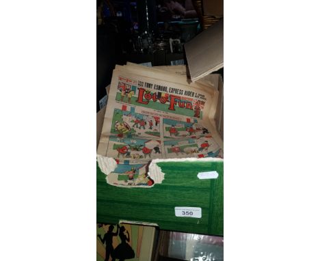 A box of American & British ephemera including WW1 era comics, signed Globetrotter programmes, New York Jets tickets, etc. 