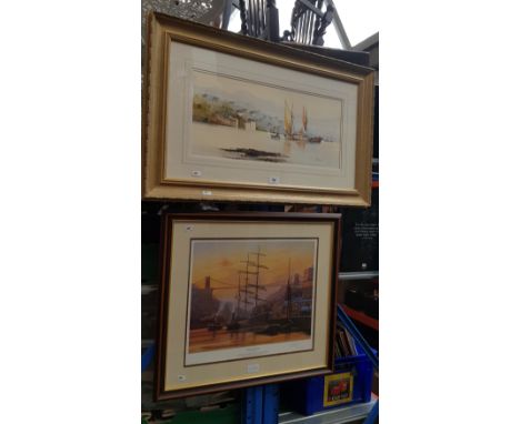 Ken Hammond (British, b.1948), watercolour, boats with buildings in background, signed to lower right, framed and glazed, 83c