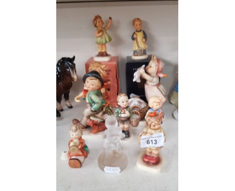 Hummel figurines - 9 ceramic and one glass, 2 are boxed. Includes an early ‘Stormy Weather’ 13cm high c.1950, a 1950-55 ‘Vill