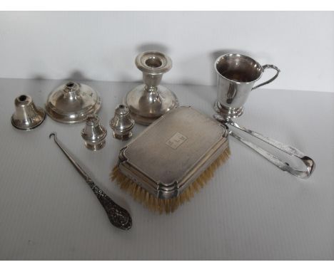 An Art Deco silver clothes brush with engine turned design, monogrammed, by William Comyns & Sons, London, 1933; a Georgian I