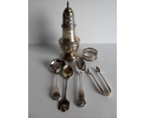 A George IV tea spoon, Victorian preserve spoon, a souvenir Edwardian spoon, a George VI silver sugar castor, Birmingham, 193