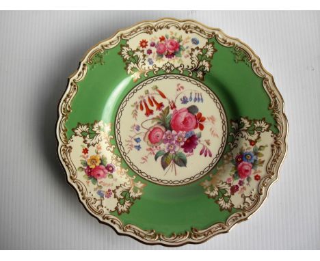 Six green-ground Sopde Copelands dessert plates y528, 24 cm diameter with two matching oval wavy rim plates with floral desig