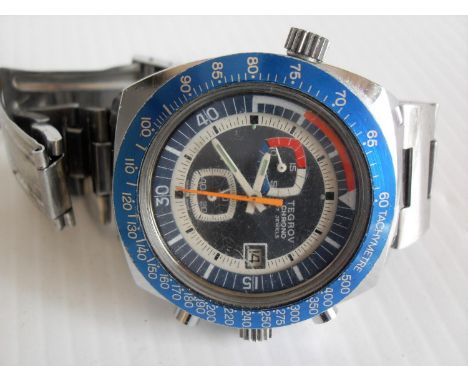 Vintage blue Tegrov manual Yachting Chronongraph with rotating inner bezel and stainless steel bracelet strap, in working ord