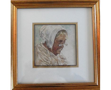 Unsigned, PORTRAIT OF OLD LADY IN GLASSES, watercolour, framed, 12.5 x 12.5 cm 
