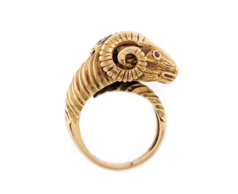 Gold ring, in the shape of a ram's head, with sapphire and ruby eyes