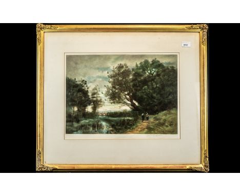 Coloured Mezzotint Etching after Corot by H Scott Bridgwater, housed in a gilt slip and glazed frame; 24 inches (60cms) x 28 