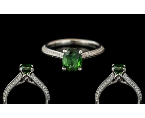 Ladies - Platinum Diamond and Tourmaline Set Stylish Dress Ring - Expensive Setting. Full Hallmark to Interior of Shank. The 