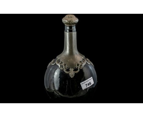 Art Nouveau Austrian Pewter Mounted Blown Green Glass Bottle Decanter with matching stopper, c1900; 12 inches (30cms) high
