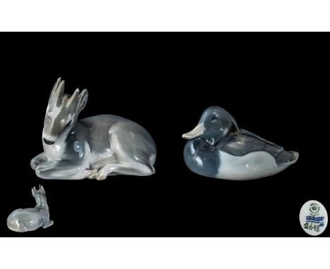 Royal Copenhagen Hand Painted Pair of Porcelain Figures. Comprises 1/ ' Fawn ' Lying Down, Model No 2648. 4.5 Inches - 11.25 