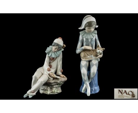 Nao by Lladro Pair of Hand Painted Porcelain Figures ' Harlequins ' Clowns. Heights 10 Inches - 25 cms &amp; 7,5 Inches - 18.