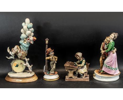 Four Pieces of Capodimonte, a schoolchild at desk, a clown with balloons, a couple dancing, and an urchin leaning on a lamp p