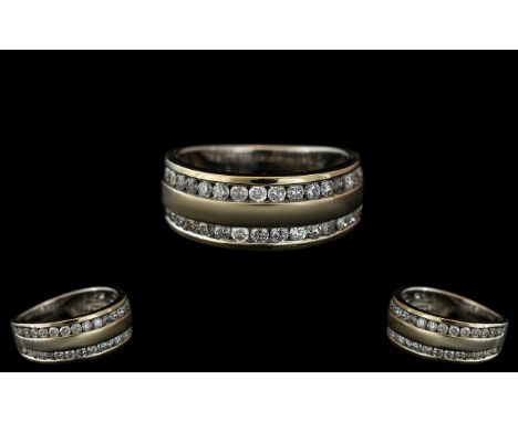 18ct Yellow Gold - Attractive 2 Row Diamond Set Half Eternity Ring, Set with White Diamonds and Excellent Clarity. Diamond We