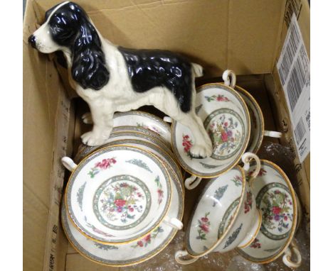 BLACK/WHITE CERAMIC SPANIEL + PARAGON TREE OF KASHMIR SOUP CUPS & SAUCES 