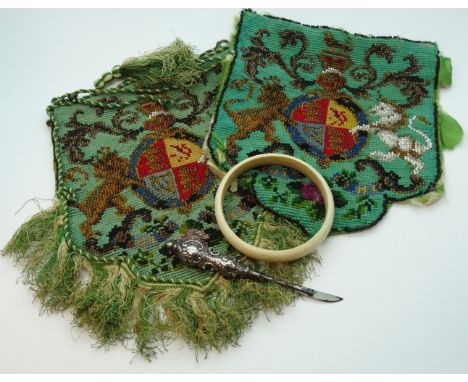 BEADED HERALDIC TASSELED DECONSTRUCTED BAG & SILVER HANDLED MANICURE TOOL + BANGLE 