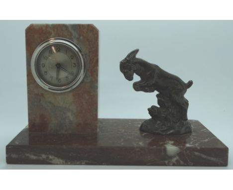ART DECO MANTLE CLOCK WITH SPELTER GOAT TO MARBLED BASE 