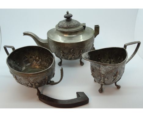 ORIENTAL EMBOSSED WHITE METAL 3 PCE TEA SERVICE 