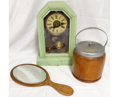 PAINTED MANTEL CLOCK, HAND MIRROR & OAK BISCUIT BARREL 