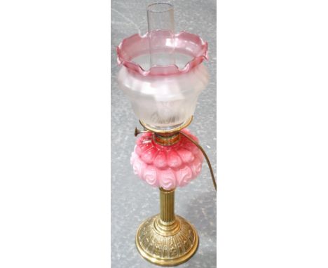 BRASS COLUMN BASE OIL LAMP CONVERTED TO ELECTRIC WITH GLASS RESERVOIR ETCHED DECO SHADE 