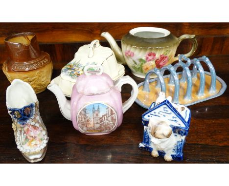 HOLSWORTHY SOUVENIR TEAPOT, WOOLFARDISWORTHY TEAPOT(NO LID), OLDE WORLD GARDEN CHEESE DISH, LUSTRE TOAST RACK, VICT SHOE + CH