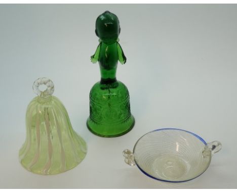 KEWPIE DOLL GLASS BELL, VENETIAN GLASS BELL + VENETIAN BOWL 